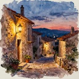 paint brush strokes, abstract watercolor painting of rustic mediterranean village at nightfall, lantern, ambient lighting, wonderful masterpiece, cinematic light, american romanticism