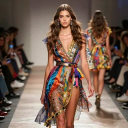 female model walking on a catwalk in london, fashion, model, photography, dlsr, designer clothes, colorful, carneval