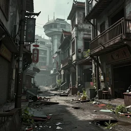 abandoned asian street, scifi color palette, style by wlop, by feng zhu, by artgerm, concept art, matte painting, vfx, hyper detail, photorealistic, artstation, cgsociety, octane render, 4 k, high contrast