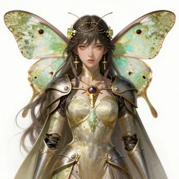 hyperdetailed portrait of beautiful queen's moth armored girl. highly detailed portrait, digital painting, artstation hq, sharp foccus ilustration, artstation hq. intricate, elegant. wlop, artgerm, greg rutkowski, alphonse mucha, medium shot. dan mumford, tomokazu matsuyama, takato yamamoto