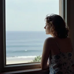 photo of a woman looking out of a window onto the sea in style of vivian maier wes anderson
