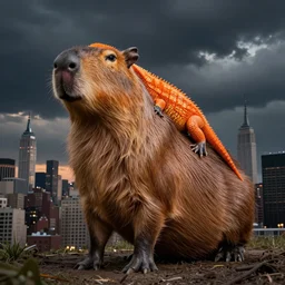 an oversized apybara towering over new york city. orange is laying on capybara's head. wide angle shot from far away.