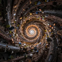 an inward twisting spiral descending rapidly into chaos and entropy, extreme detail, gorgeous colors —hd