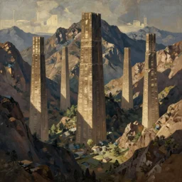 beautiful landscape made of pillars and mountains, higly detailed, painting