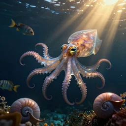 deep dark ocean view of transparent bodied, bioluminescent octopus, squid, nautilus, fearsome fish, octane render, cinema 4 d, light rays, cinematic lighting, golden ratio, underwater photography, realistic, volumetric lighting, wildlife documentary, by greg rutkowski