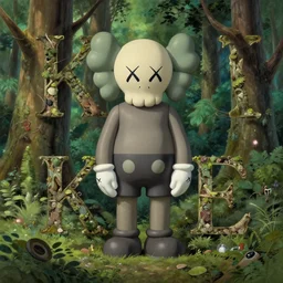typography ruined forest, by kaws, studio ghibli by tim hildebrandt, michael whelan, background environment. sharpen. an intricate, elegant, highly detailed digital painting, concept art, smooth