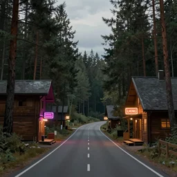a road surrounded by pine trees, wooden buildings with neon signs on sides of roads, digital painting by rembrandt, volumetric lighting, concept art, artstation, 8 k, moody lighting