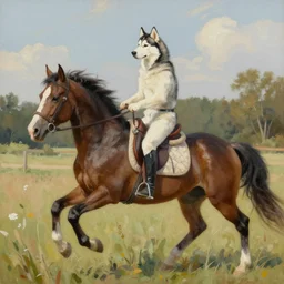 a painting of a husky riding a horse
