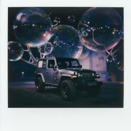 abstract grainy polaroid of an itasha Jeep surrounded by massive floating transparent orbs of liquid branching off and refracting, neon night, cinematic, refraction, octane render, photorealistic, dark, atmospheric, insanely detailed, lights and shadows