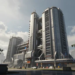 side view an epic render of a massive cyberpunk factory building, volumetric, trending on artstation