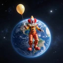 floating clown and balloons, entire planet Earth in the background, in space, cosmos, sky full of stars, inspiring, epic, cinematic, award-winning, highly-detailed