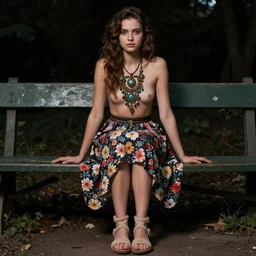 dslr photo of a pretty young woman, full bodied portrait with brown hair, sitting on a bench wearing a flower skirt, and body and wearing hemp sandals and a very detailed faerie necklace around neck, artgerm, artstation, very high quality face, intricate details, extremely high quality, moody lighting, real camera, real photo, zoom out, photography by deviantart, 8 k, full