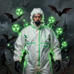 ultra realistic portrait painting of a man in a hazmat suit surrounded by glowing green radiation and bats, art by frank frazetta, vintage levi ’ s ad, stormy weather, dark vibes, 4 k, ultra realistic, highly detailed, epic lighting