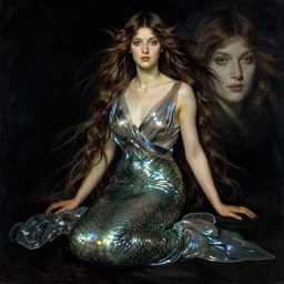Portrait, body centered, dark sultry beautiful mermaid with long flowing hair, wearing iridescent, gossamer gown, by j.c. Leyendecker, Brom, face by Otto Schmidt