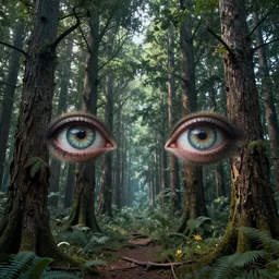 realistic wide angle photo, eyes growing on trees, magic forest,surrealist artwork by Tyler Edlin, Moebius and Giger, greg rutkowski, very coherent symmetrical artwork,,cinematic, hyper realism, high detail, vivid colors, octane render, unreal engine, 8k, Smooth gradients, High contrast, depth of field by Jacek Yerka