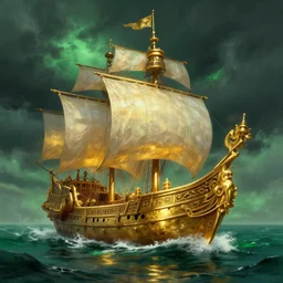 gold galleon ship, green sea, storm. bloom, lighting. fantasy, digital painting, hd, 4 k.