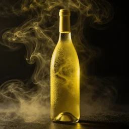 wine bottle covered in artistic yellow smoke with a black background