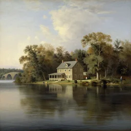 a house on the lake, by raphael lacoste and albert bierstadt