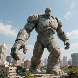the great strides of the stone giant over the big city. beautiful, realistic, 4K
