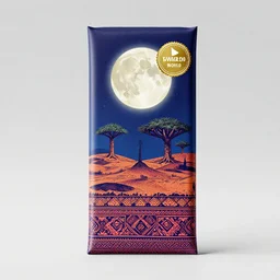 conceptual designer chocolate bar packaging, inspired by moonlit socotra island with dragon trees, midsommar color theme, kerala motifs, label design, behance, pinterest, packaging of the world, award, front label, smooth, premium quality packaging design, octane render