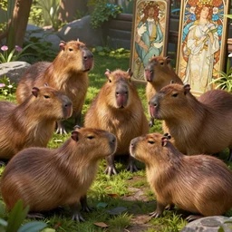 capybaras playing. unreal engine, by greg rutkowski, loish, ferdinand knab, ilya kuvshinov, rossdraws, tom bagshaw, alphonse mucha, global illumination, radiant light, detailed and intricate environment