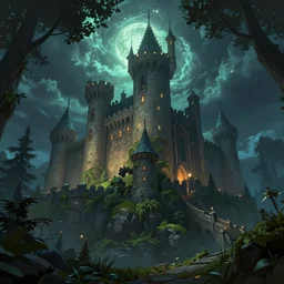 a medieval castle in a forest with a glowing night sky from an upward angle, style arcane tv series, style league of legends, trending on art station