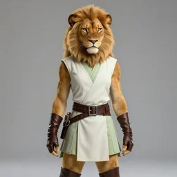 beautiful portrait of a female anthropomorphic lioness fursona wearing sleeveless pale - white and pale - green jedi tunic. leather gloves. leather boots. leather belt. character design by charlie bowater, ross tran, artgerm, and makoto shinkai, detailed, soft lighting, rendered in octane