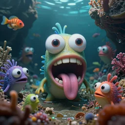 of an intricate sea cavern with colorful cute funny marine creatures with huge eyes, long tongue, square teeth and funny face appearing from murky waters, in the style of charles vess, macro lens, shallow depth of field, highly detailed, digital painting, trending artstation, concept art, illustration, cinematic lighting, vibrant colors, photorealism, epic, octane render