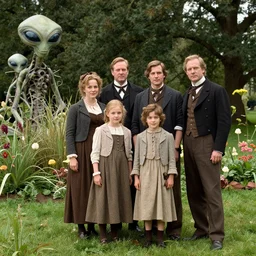 highly detailed, 560mm film still from a sci fi blockbuster color movie made in 2019, set in 1860, of a family standing in a park, next to some alien plants and flowers, the family are all wearing 1860s era clothes, good lighting, good photography