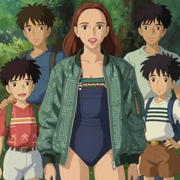 beautiful boyish natalie portman gravure model in majora's mask, wearing big mayan bomber jacket with overalls and leotard, big bomber jacket with subtle mayan patterns, aztec bathing suit, gapmoe yandere grimdark, trending on pixiv fanbox, painted by greg rutkowski makoto shinkai takashi takeuchi studio ghibli, akihiko yoshida