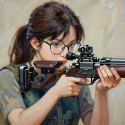 anime woman, glasses, sniper, intricate oil painting by greg rutkowski, trending on artstation