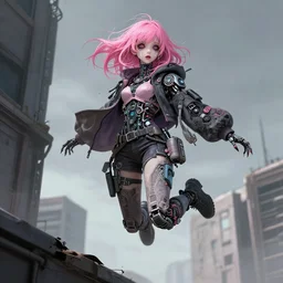 creepy robot ghost in the shell girl pink hair jump from a building, tears from the eyes, wearing cyberpunk intricate streetwear, beautiful, detailed portrait, intricate complexity, ilya kuvshinov, cell shaded, 4 k, concept art, by wlop, ilya kuvshinov, greg rutkowski