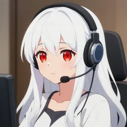 white long haired red eyed young cute girl wearing headset by shirabii in anime style