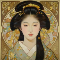 excellent painted portrait of one pretty japanese girl with upturned nose, high quality masterpiece painted, patterned background, 4 k, trending on artstation, octane render, art by james jean and artgerm and greg rutkowski and alphonse mucha and craig mullins and james jean and andrei riabovitchev and marc simonetti and peter mohrbacher