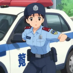 anime film visual illustration police woman outside her patrol car, cute face by ilya kuvshinov, makoto shinkai, kyoani, masakazu katsura, dynamic pose, crisp and sharp, yoshinari yoh, rounded eyes, anime poster, ambient light, focused, flat, cel shaded
