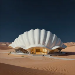 sci fi landscape painting of snohetta architecture design of a seashell shaped house in the middle of the desert at night, painted by john harris