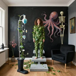 a queer female pathology student in her apartment, wrapped in vines, medical equipment, stepping stones, octopus, bones, black walls, ikebana, black armchair, sculpture, acrylic on canvas, surrealist, by magritte and monet