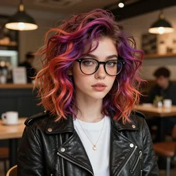 stylish girl with freckles glasses and wild colorful hair, wearing leather jacket and white shirt, detailed cafe background | | fine detail!! anime!! realistic shaded lighting!!, directional lighting 2 d poster by ilya kuvshinov, magali villeneuve, artgerm, jeremy lipkin and michael garmash and rob rey