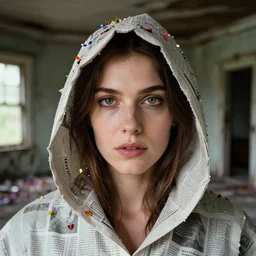 closeup portrait of a woman with a hood made of newspaper and confetti, standing in a haunted abandoned house, by Annie Leibovitz and Steve McCurry, natural light, detailed face, CANON Eos C300, ƒ1.8, 35mm, 8K, medium-format print