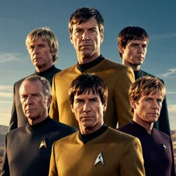 Star Trek characters portrait, atmospheric lighting, painted, golden ratio, golden hour, slightly blue tint, intricate, highly detailed by Rembrandt