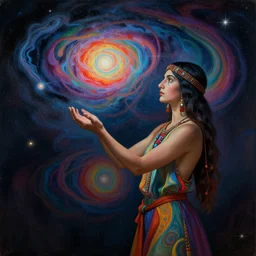 a shaman!! woman holding up the cosmic!! universe, by remedios varo, reflection, symbolist, psychedelic colors, dramatic lighting, smooth, sharp focus, extremely detailed, aesthetically pleasing composition