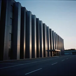 A techno palace exterior, extreme long shot, 35mm film, by Ryoji Ikeda, Yohji Yamamoto, Michael Mann