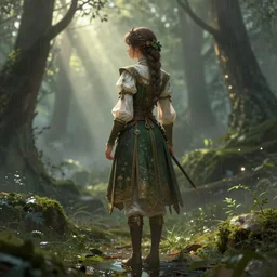 an herbalist girl, back view, fantasy, rpg, ornate, detailed outfit, beautiful, atmosphere, vibe, mist, forest, rain, puddles, concept art illustration, color page, tone mapping, andrei riabovitchev, marc simonetti, digital illustration, greg rutowski, volumetric lighting, sunbeams, particles