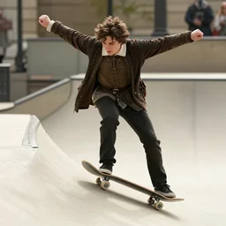 brightly lit historically inaccurate comedy medium shot film still of ( timothee chalomet plays king alfred ) king alfred skateboarding down a ramp in a medieval comedy titled'the hijinx of king alfred ', directed by john landis, colorful lighting high contrast, hyperrealistic shocking detail trending on artstation 8 k