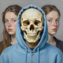 a beautiful, hyperrealism, oil painting symmetrical portrait of a skull wearing a light blue hoodie, in the style of james jebusa shannon, reisha perlmutter and eric zener : 5