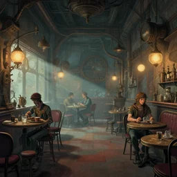 illustrated steampunk cafe interior, colorful, mads berg, karolis strautniekas, christopher balaskas, stippled light, low fog, moody, fine texture, editorial illustration, dramatic lighting, dynamic composition, detailed, matte print, muted color, ( ( victo ngai ) ), wide angle