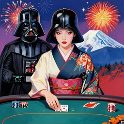 hyperrealistic composition of the detailed woman in a japanese kimono sitting at a poker table with detailed darth vader, fireworks, mount fuji on the background, pop - art style, jacky tsai style, andy warhol style, acrylic on canvas