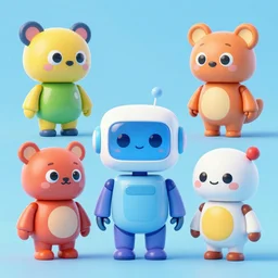 concept sheet of cute colorful 3 d family characters for kids assisting a concept machine. cute bipedal robots animals, big head and eyes, primitive shapes and forms, reflective like candy, concept art, 8 k, artstation
