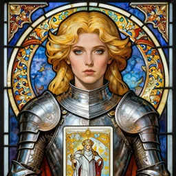 head-on symmetrical centered painted portrait, Elisha Cuthbert as a paladin, blonde hair, ornate iron armour, art nouveau, tarot card, fantasy, stained glass, intricate, elegant, highly detailed, smooth, sharp focus, illustration, artstation, in the style of Artgerm and Anna Podedworna and Alex Ross and Mucha