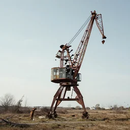 an abandoned giant crane shaped like a beetle, art by simon stalenhag